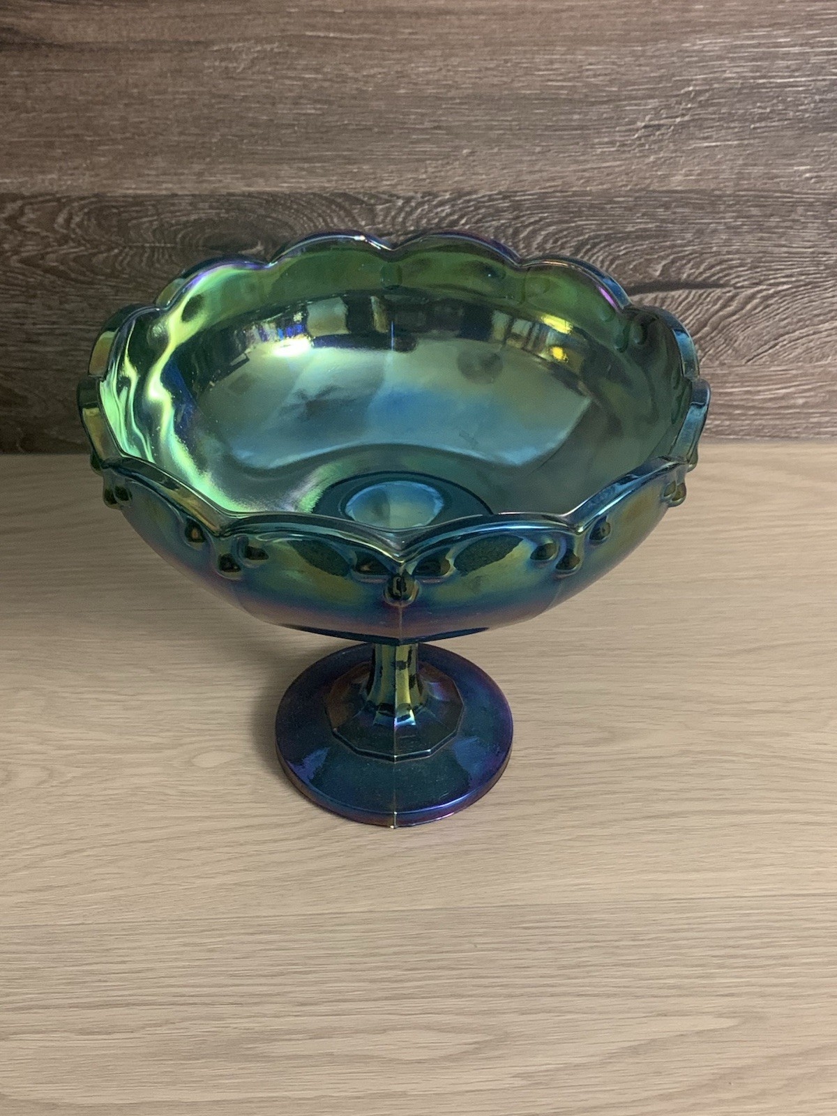 Vintage Indiana Glass Blue Carnival Glass Garland Teardrop Pedestal Compote Bowl