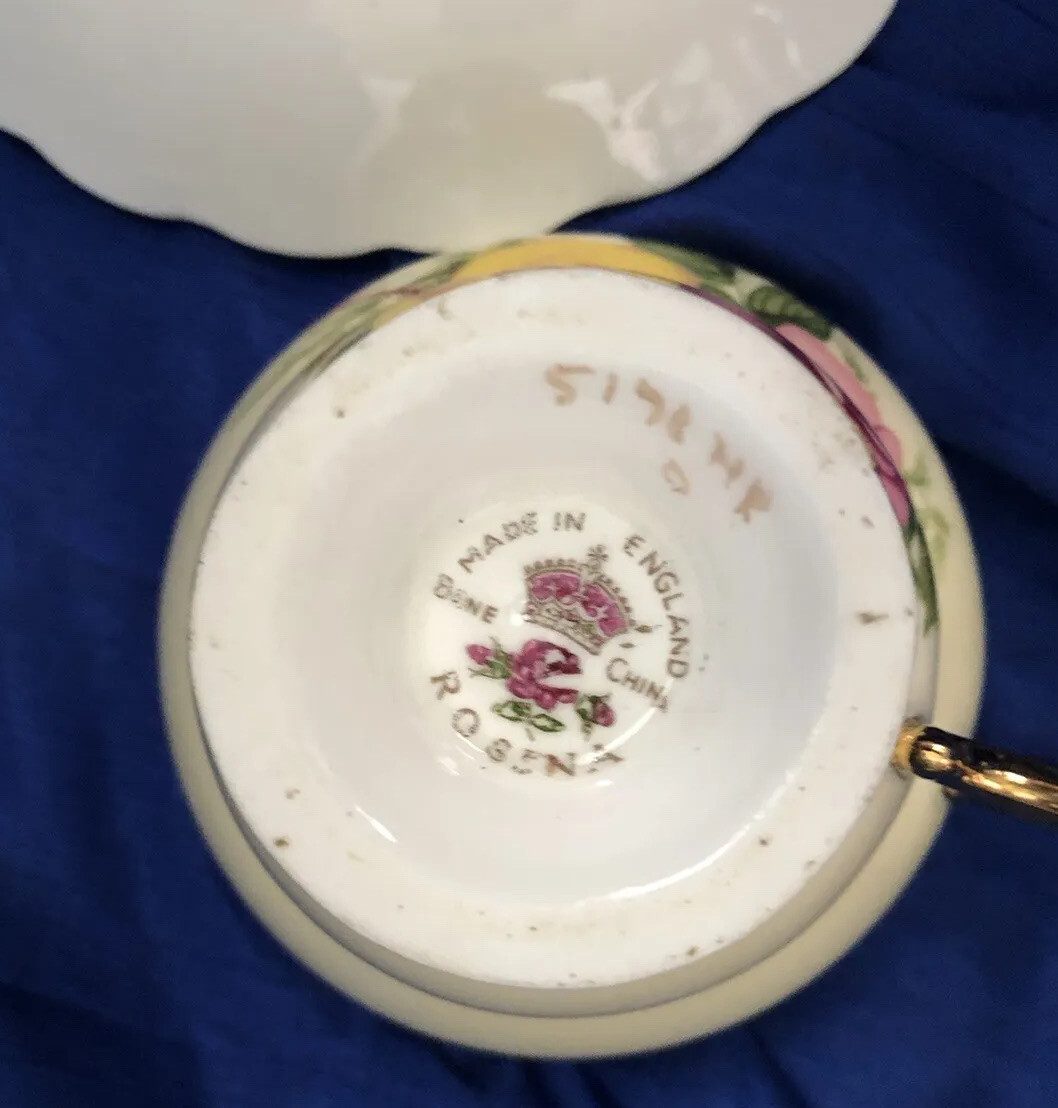 Rosina Bone China England Footed Tea Cup Saucer Cabbage Roses Gold #5198?/HR