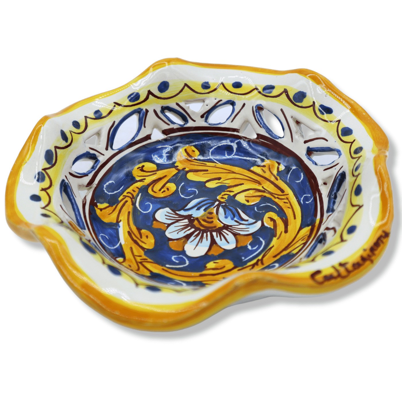 Bowl Scalloped And Perforated IN Ceramic of Caltagirone – L 5 7/8in X H 2in W