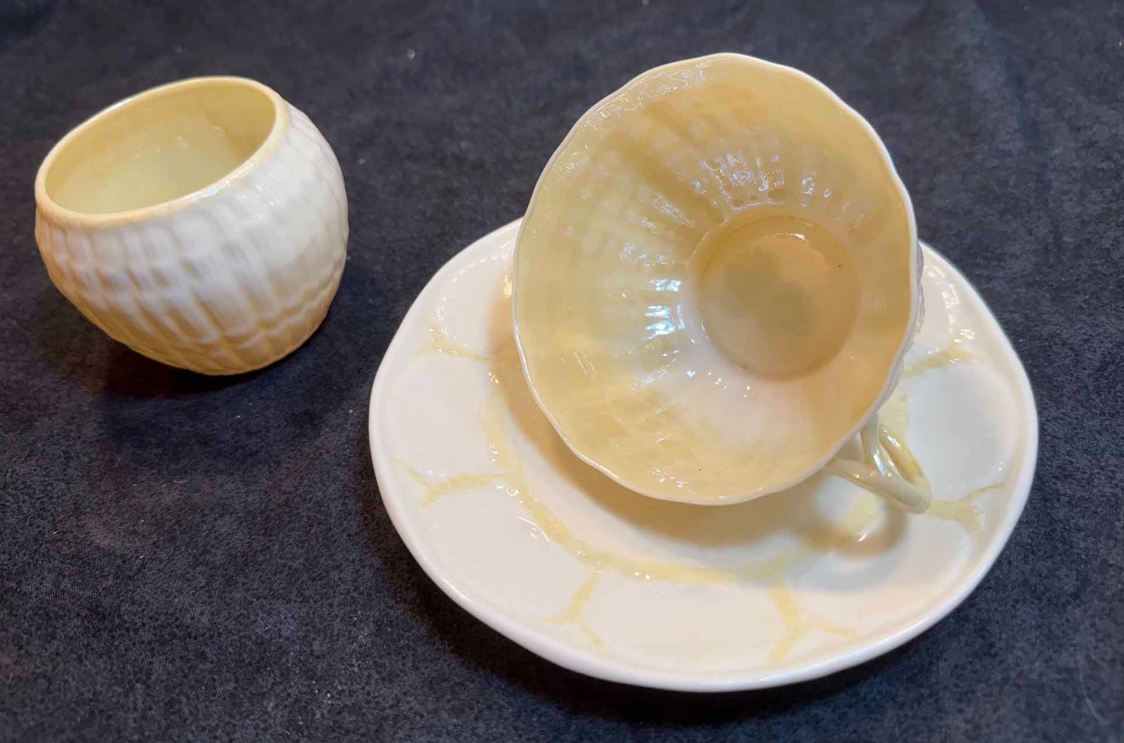 Belleek Teacup, Saucer and Sugar Bowl. Handmade in Ireland.