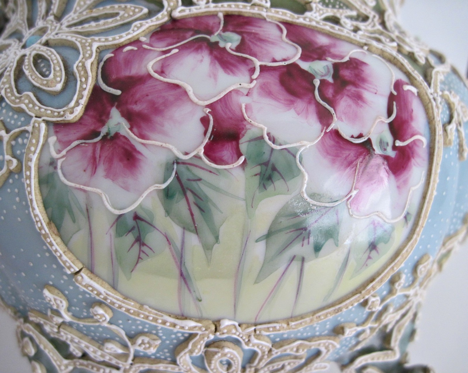 Antique Nippon Moriage Teapot Green Blue With Hand Painted Flowers READ