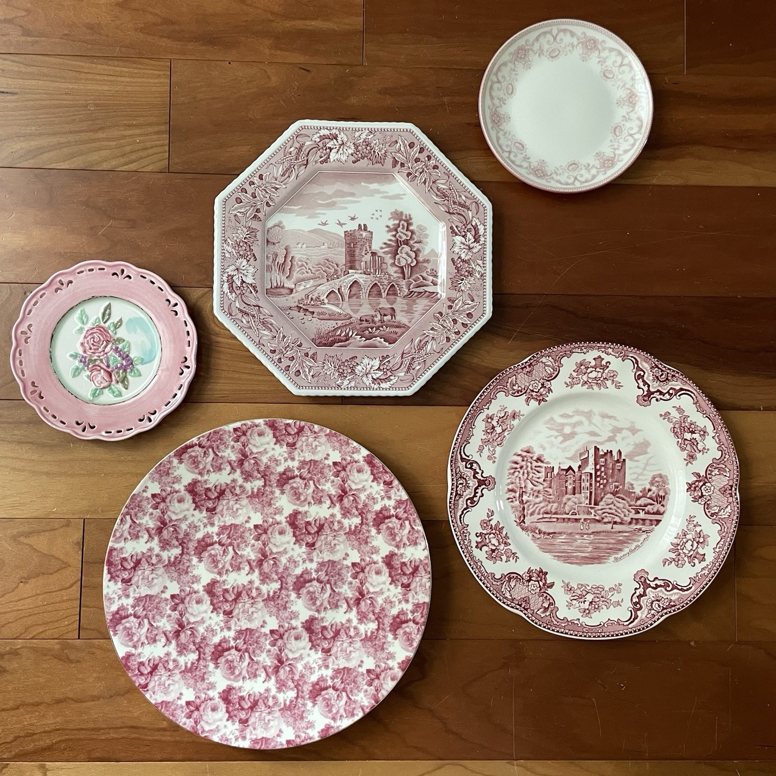 Collection of 5 Pink and White Plates Wall Collage Display Wreath Wall Decor