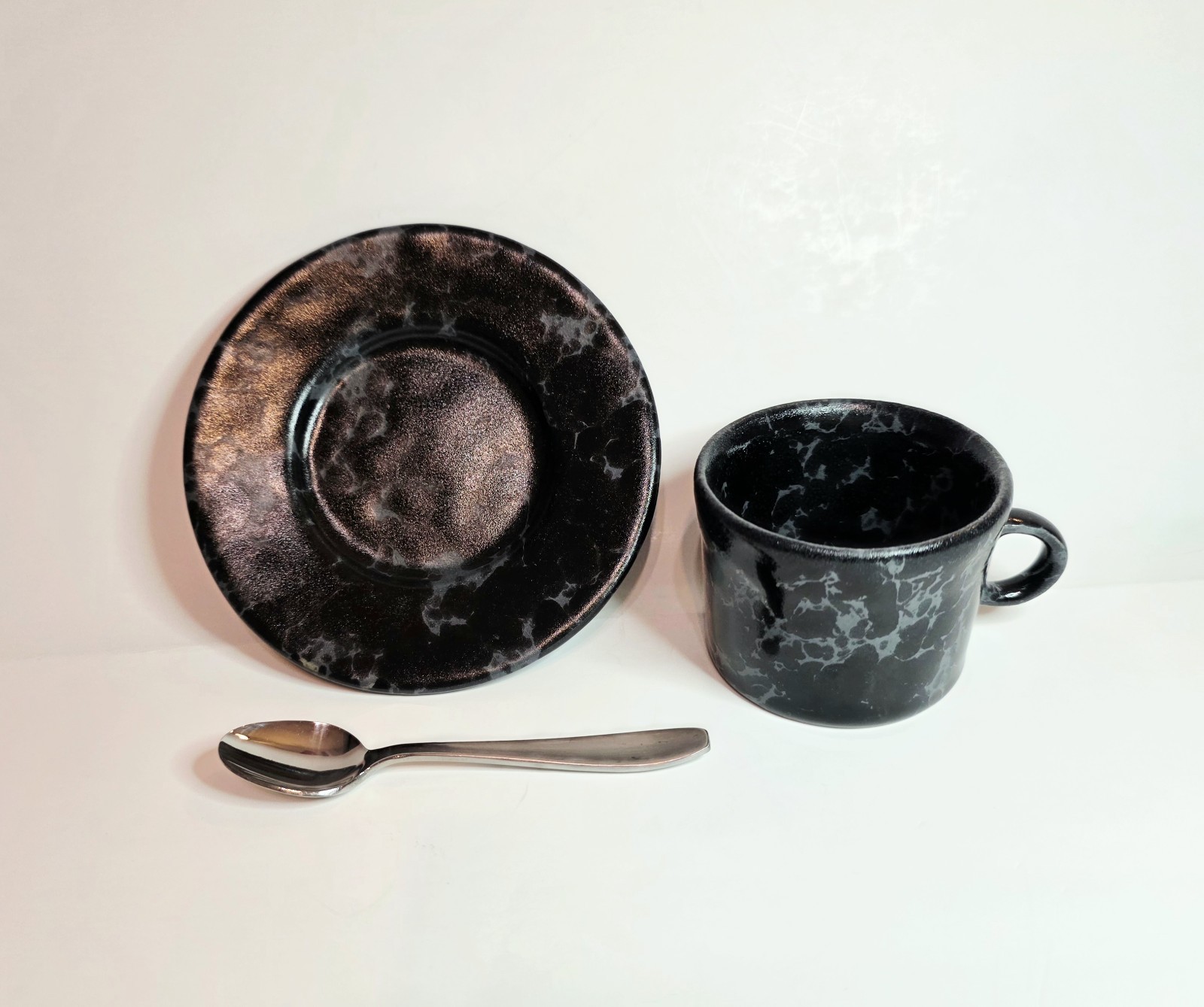 Rare Vintage Bennington Potters Black Agate Espresso Cup Saucer Set #1675 #1676