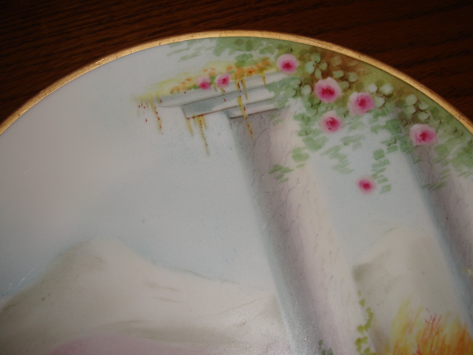 PICKARD HAND PAINTED VELLUM SIGNED “GASPER” PLATE, ITALIAN GARDEN, ROSES, 8 1/2″