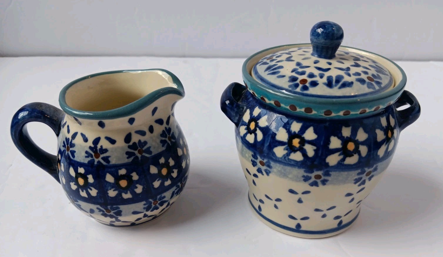 Polish Pottery Tea/Coffee Set, Tray, 2 Mugs/Cups, Creamer, Sugar Bowl W/ Lid