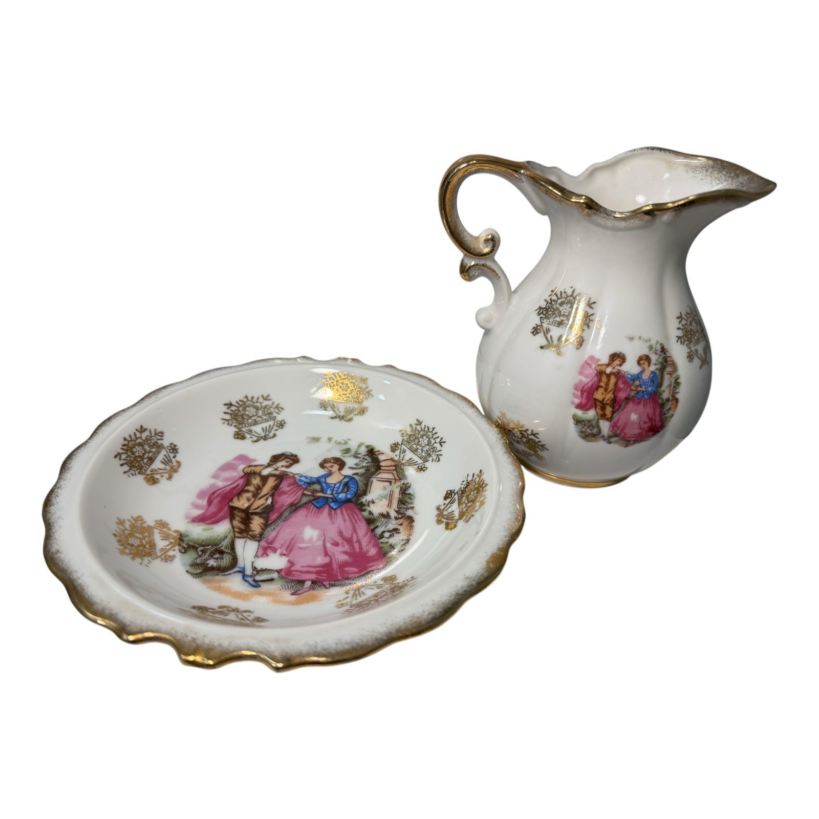 Vintage Japan Creamer and Saucer Courting Couple Victorian Scene Gold Gilt