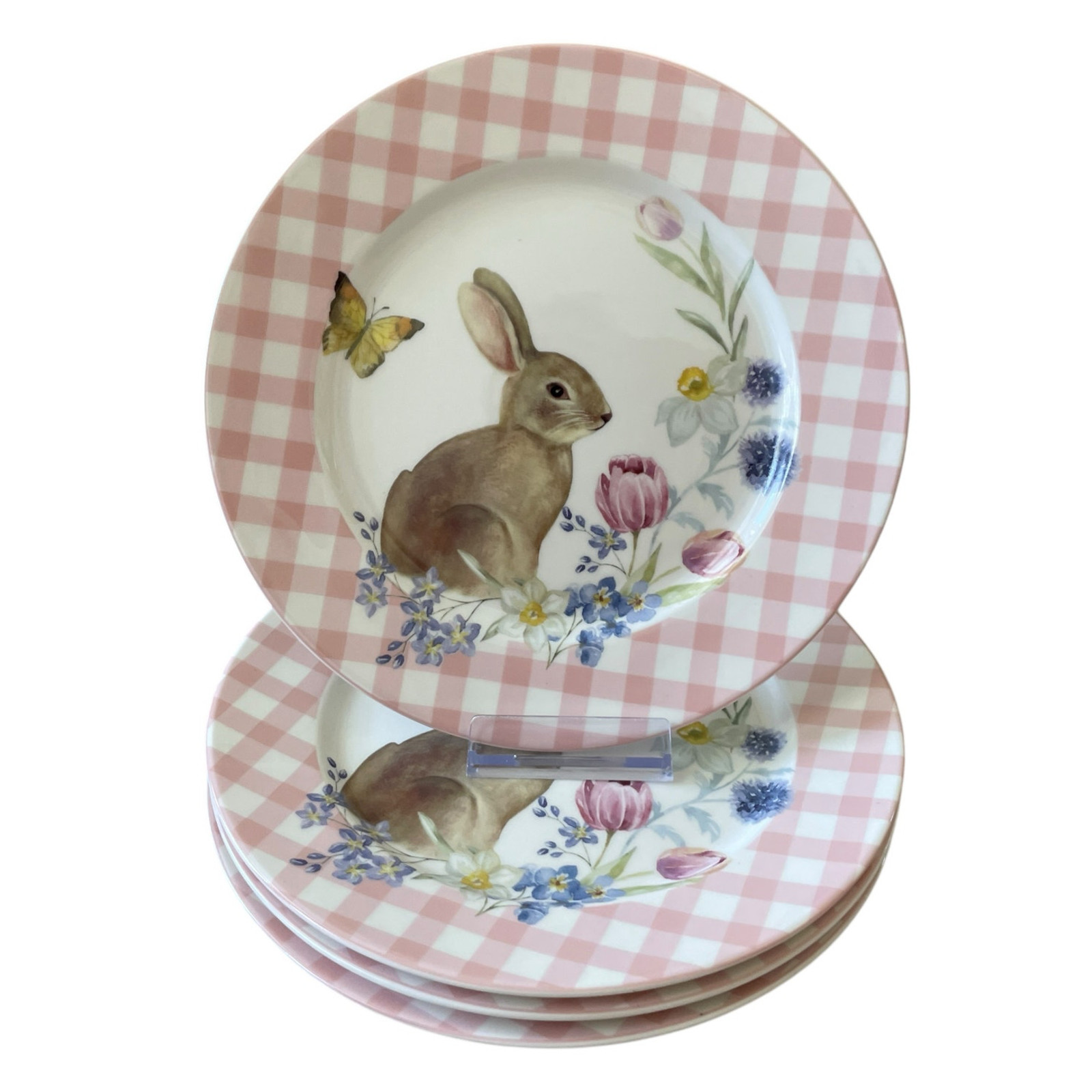 Grace Teaware Bunny Floral Pink Gingham 8in Side Salad Plates Set of 4 NEW