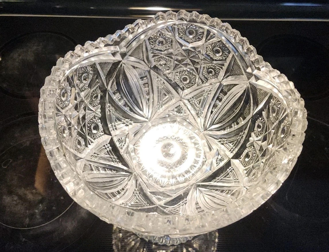 Antique Brilliant Cut Crystal Glass Eggnog Centerpiece Bowl 2 Piece Vintage