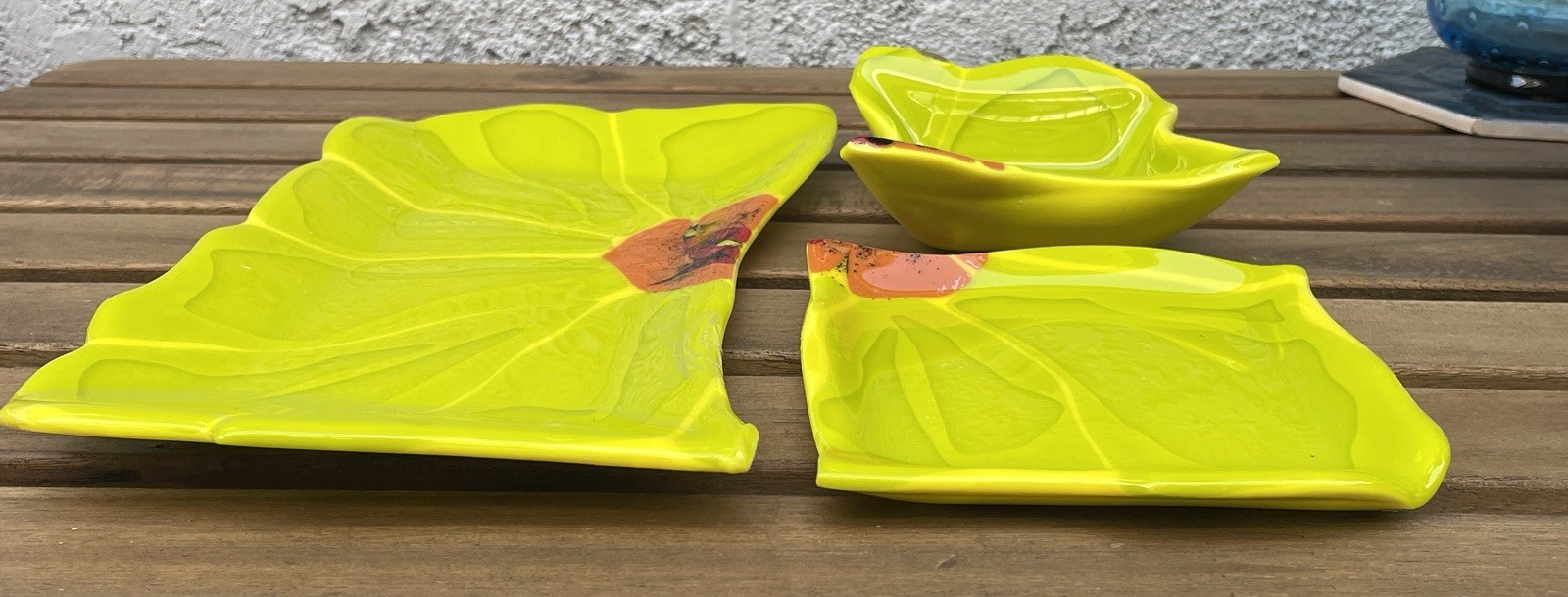 Fused Glass Platter Set – Chartreuse Orange and Red Accents – Signed by artist
