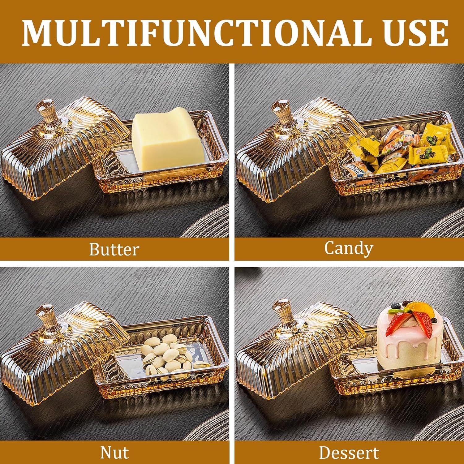 Champagne Color Glass Butter Dish with Lid or Countertop and Refrigerator,Cry…