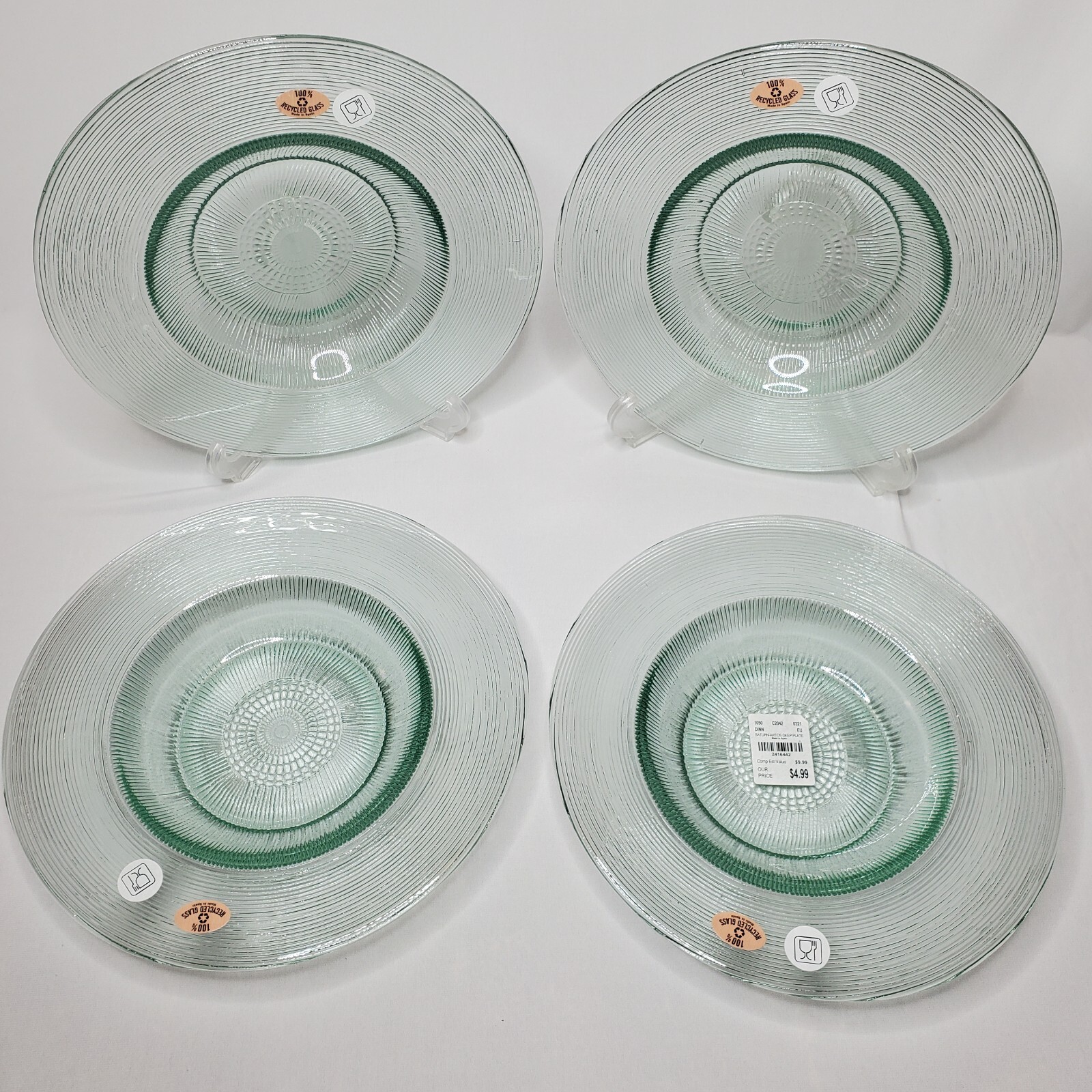 4 Recycled Spanish Glass Dinner Plates 10″ Set Wide Rim Clear Green Textured NOS