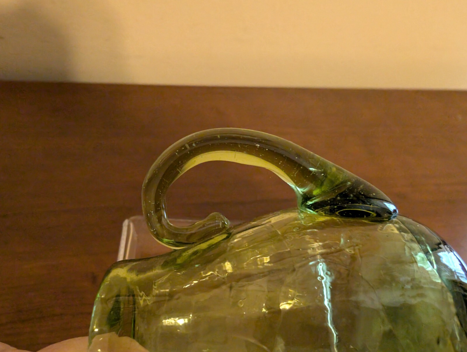 BLENKO Hand-Blown Crackle Glass Olive Green Mini Pitcher w Handle & Sharp Pontil