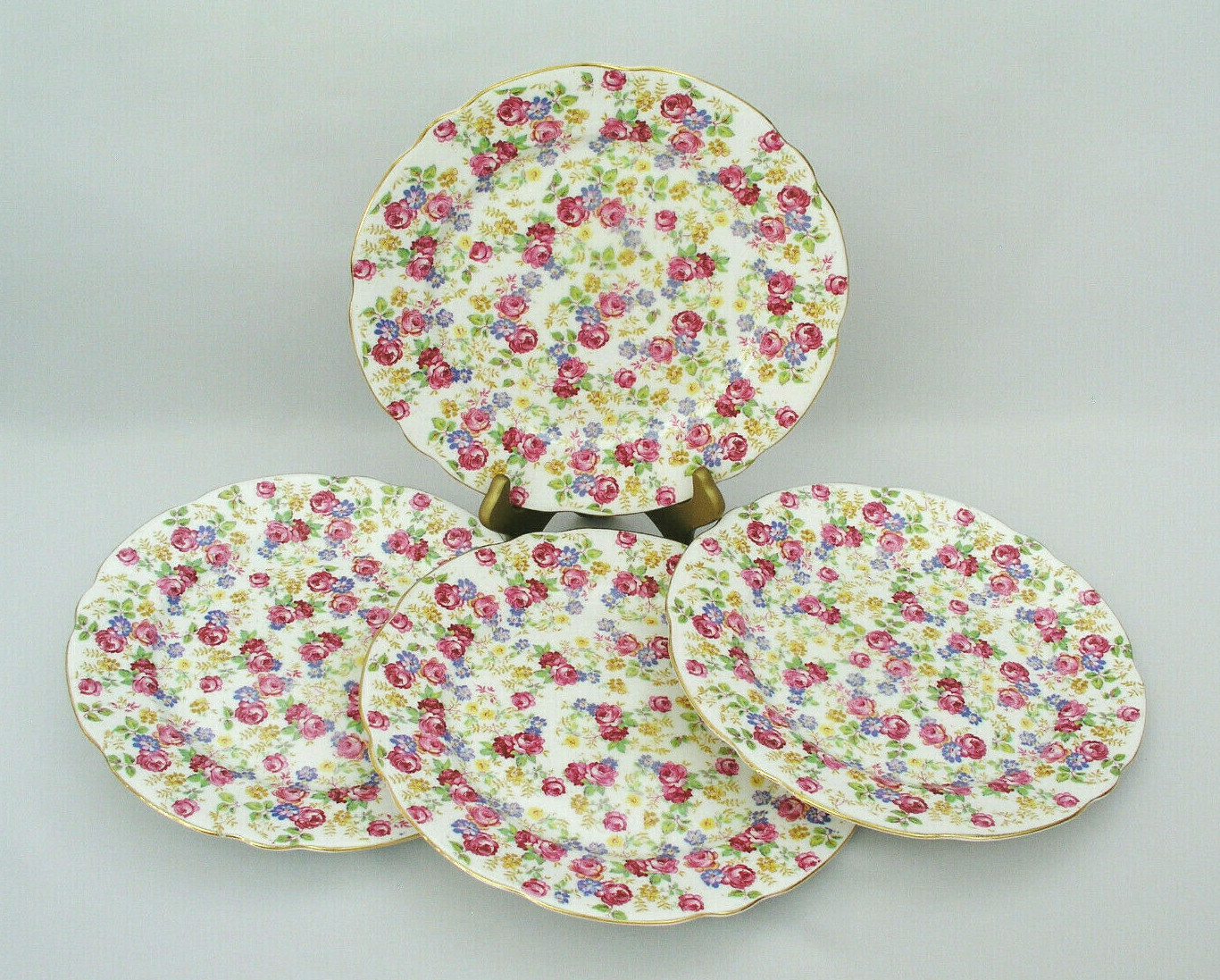 (4) ROYAL STAFFORD JUNE ROSES (CHINTZ) 9 3/4″ DINNER PLATES – ENGLAND BONE CHINA