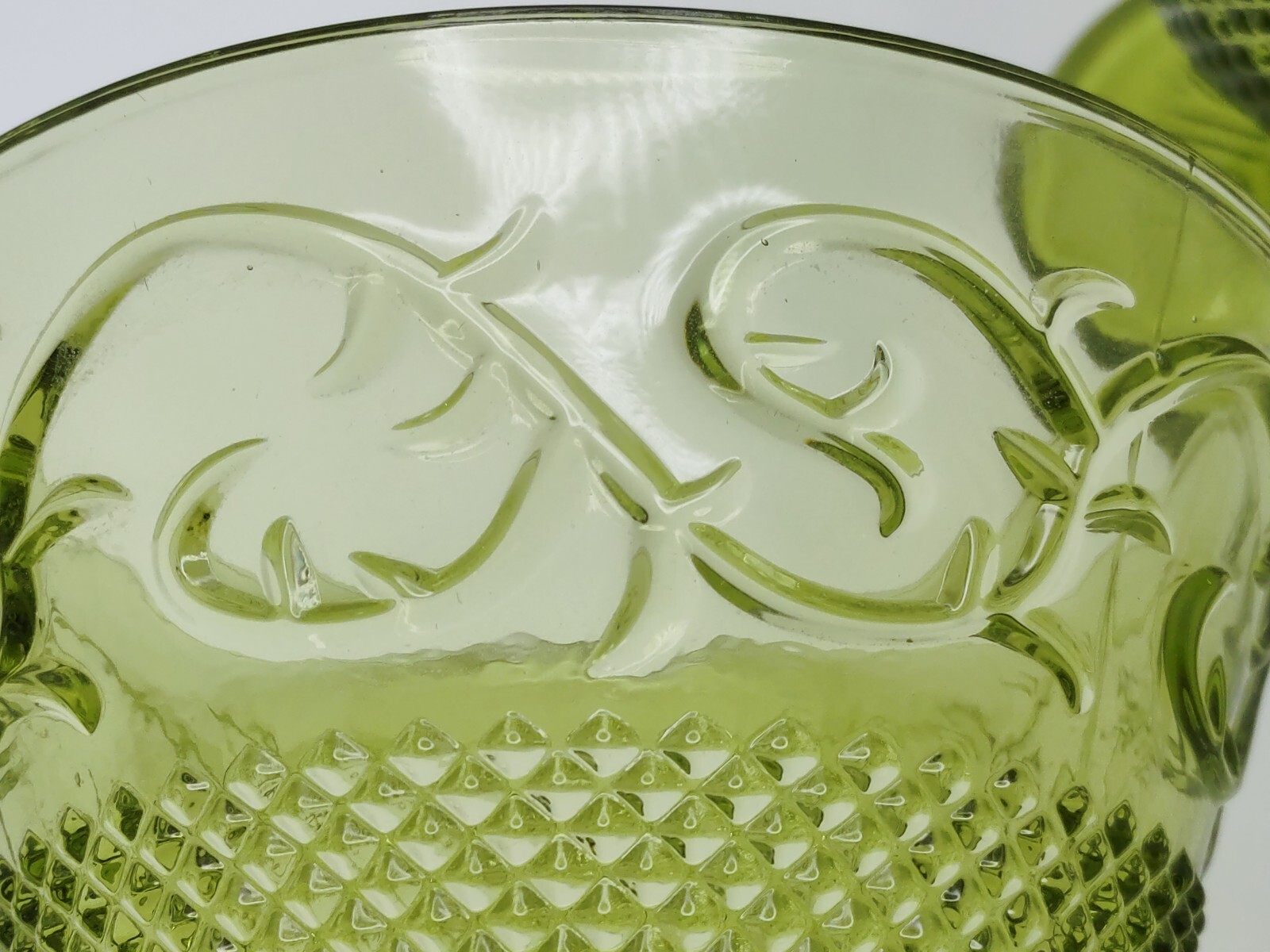 Vtg Depression Glass Fluted Vine Diamond Pattern Dessert Dish Olive Green Set 3