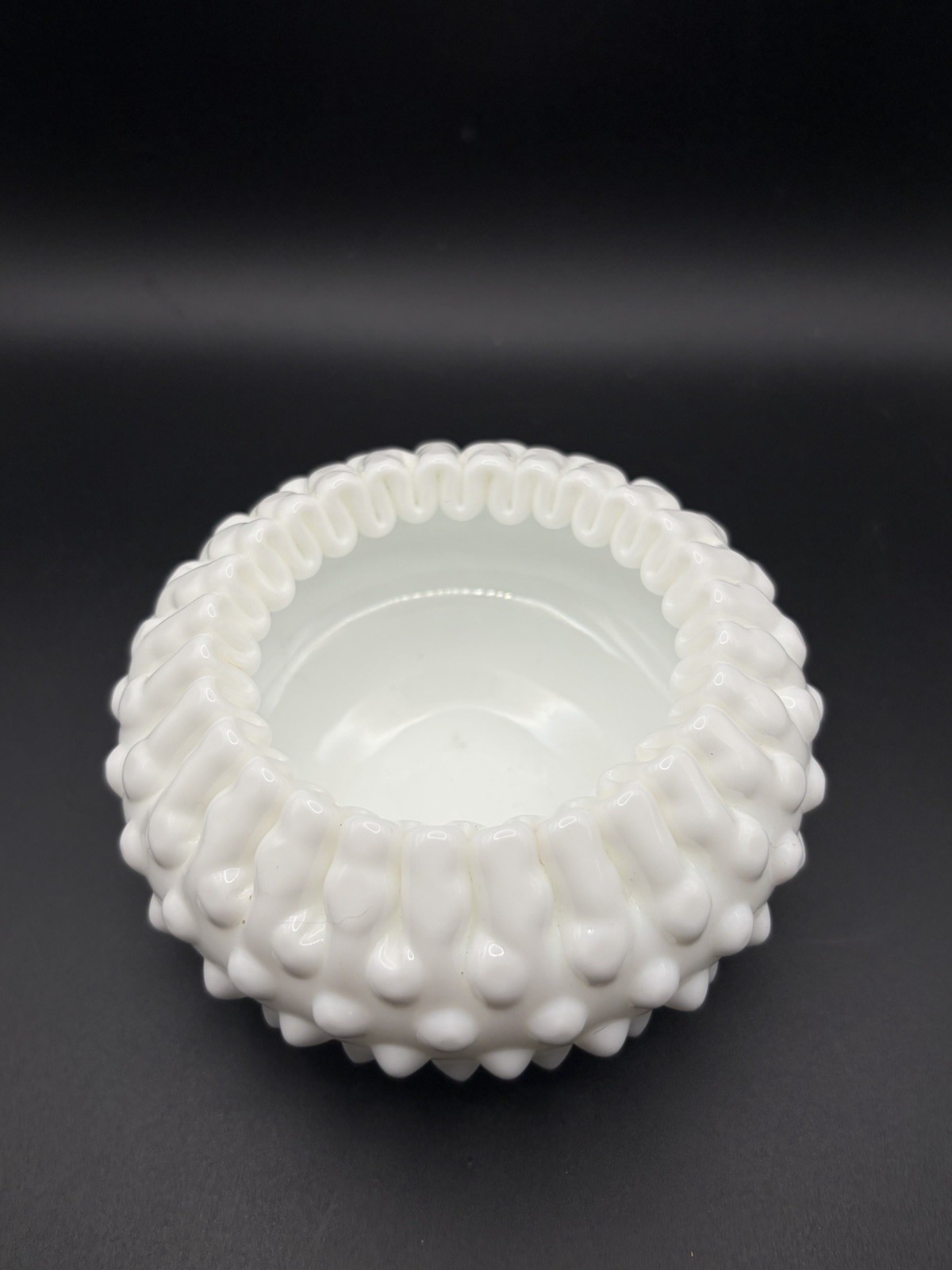 VTG Fenton Hobnail Milk Glass Bowl Crimped Ribbon Edge Trinket Candy Dish 4.5”