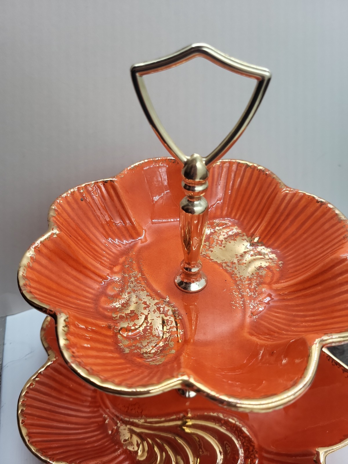 California Pottery MCM Two Tier Tidbit Candy Bowl Server Turquoise Orange E19