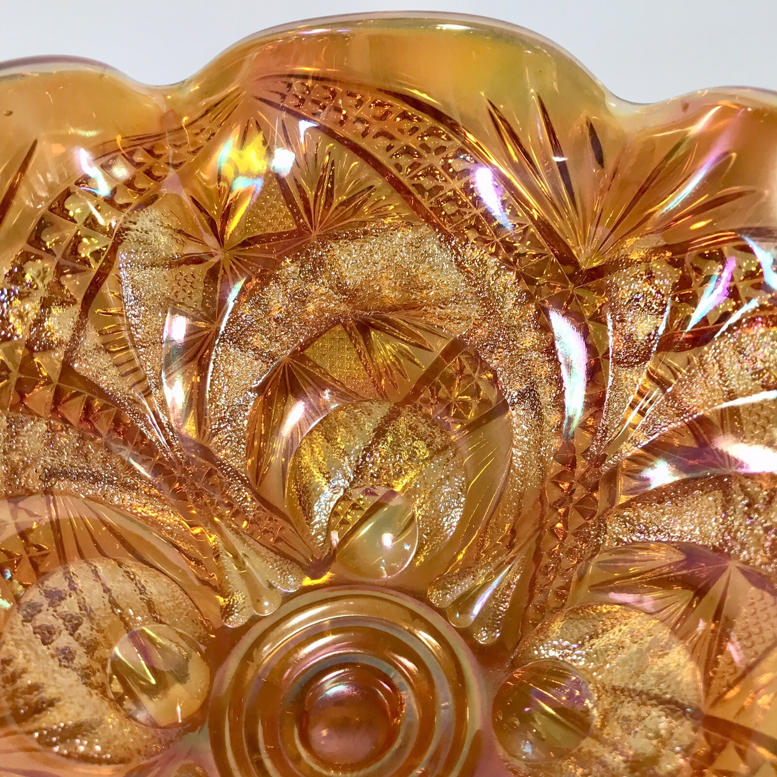 Imperial Carnival Glass Compote Bowl Marigold Scroll Eastern Star 7.5″ Footed