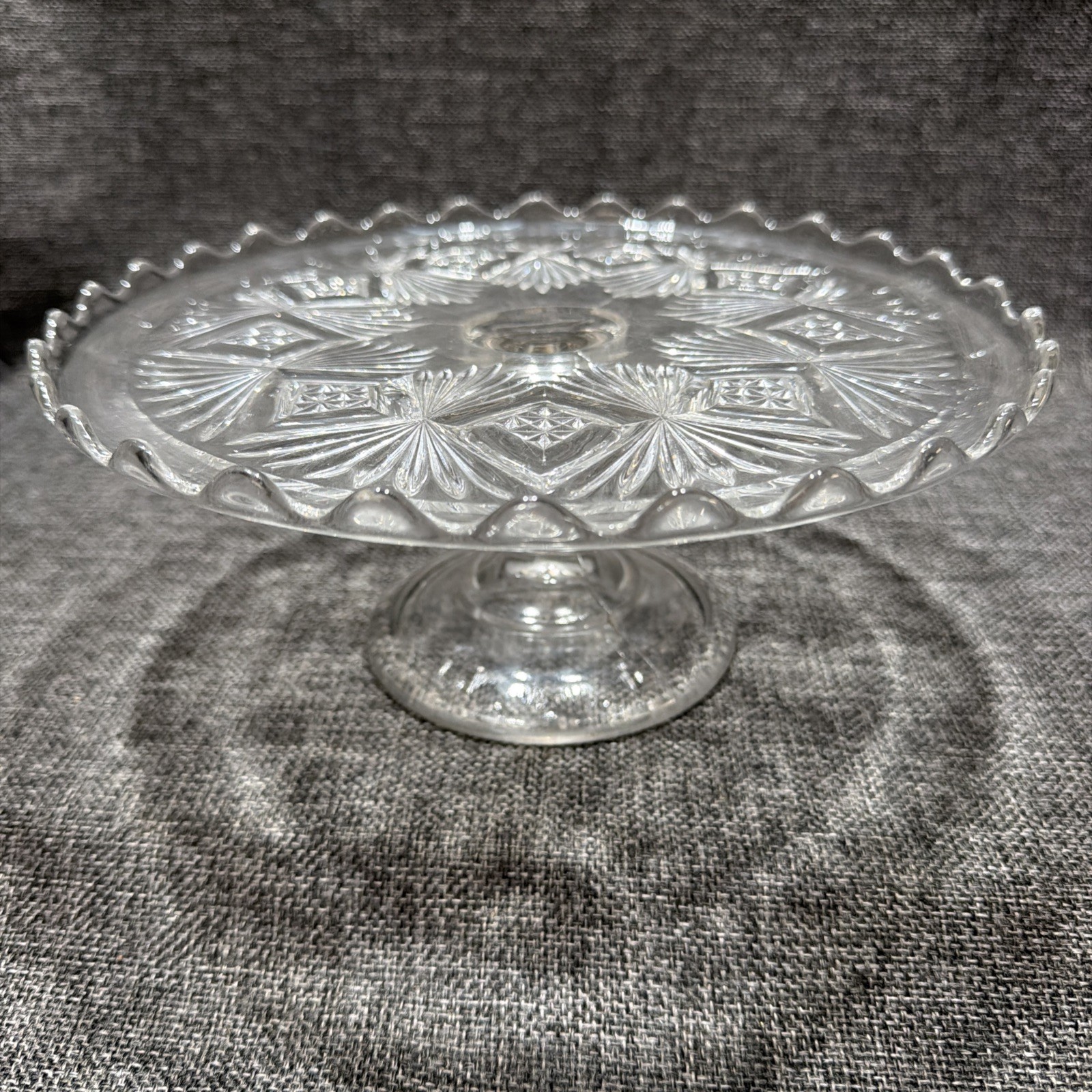 EAPG Bryce Higbee Melrose Cake Stand Sheaf and Diamond Clear Glass 1894 UV Glow