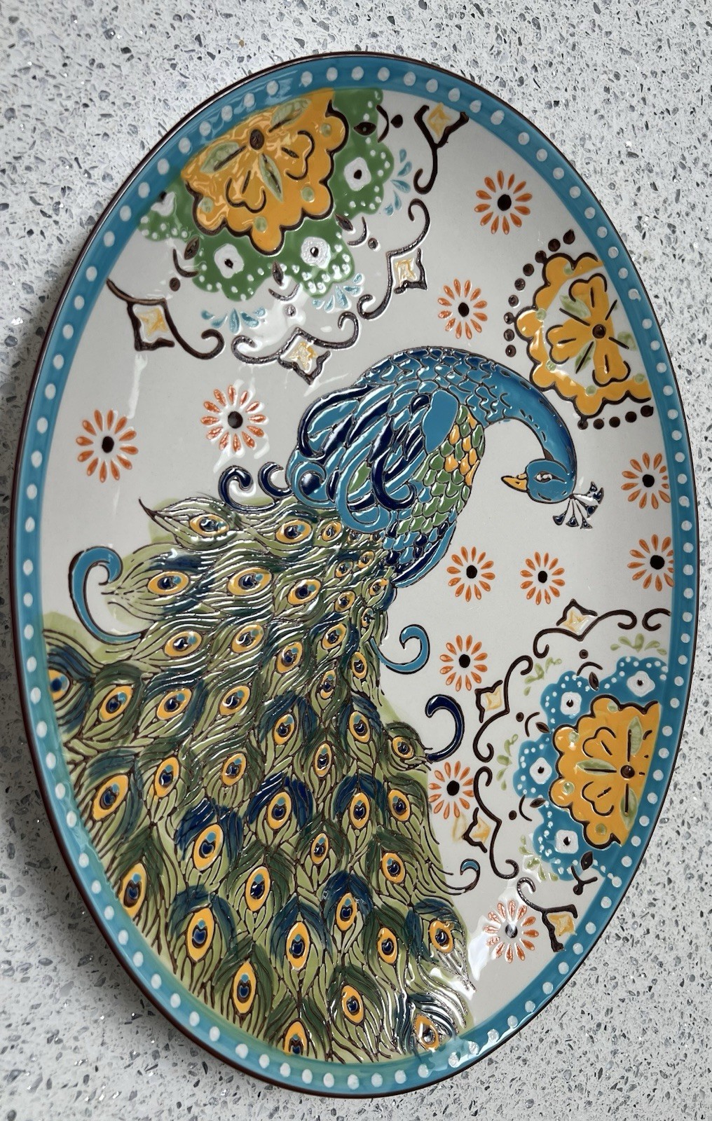 Artistic Accents Peacock Ceramic Oval Platter w/ Scalloped Bowl