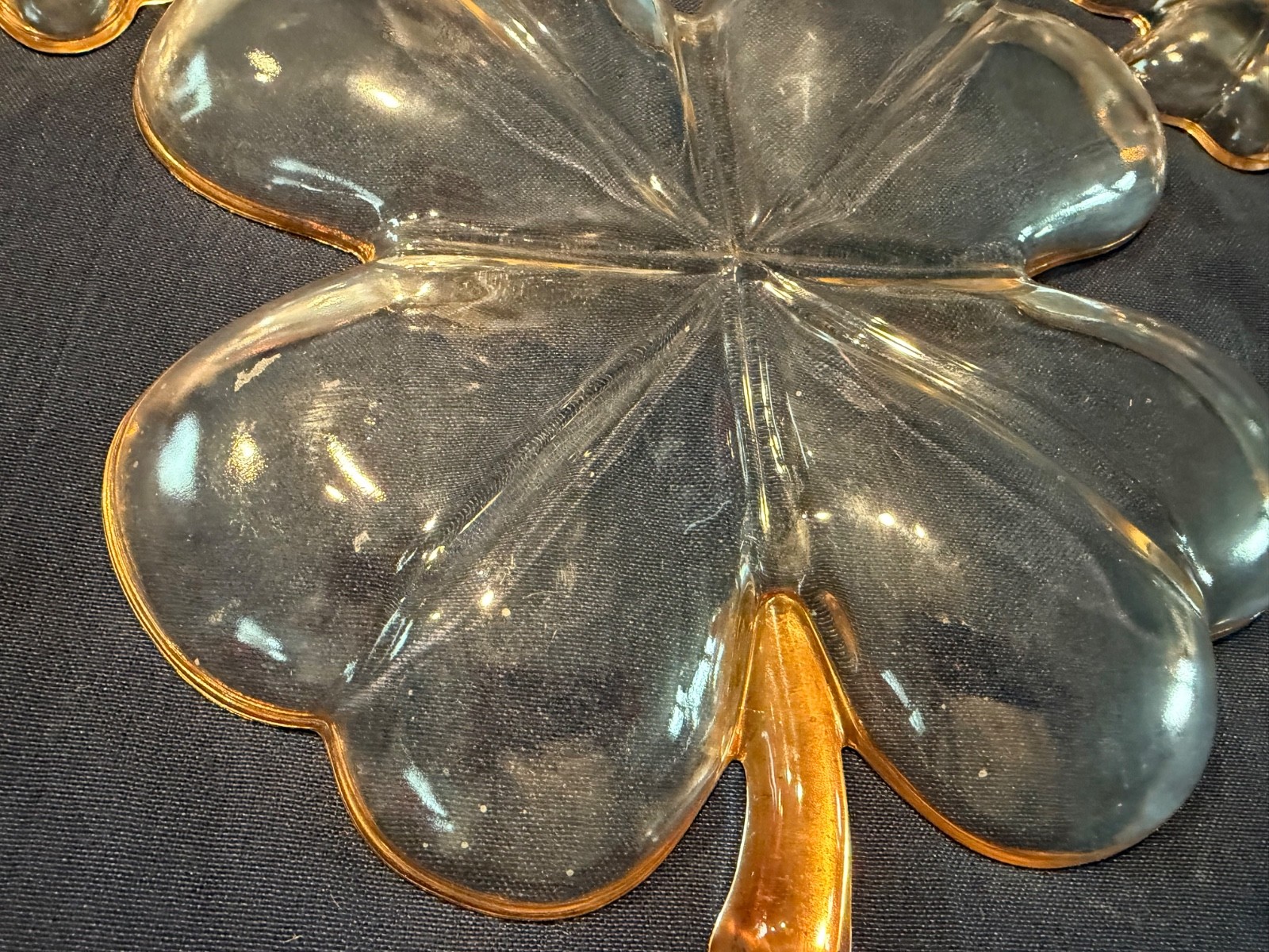 Vintage Jeannette Glass four-leaf clover dishes with 22k gold trim
