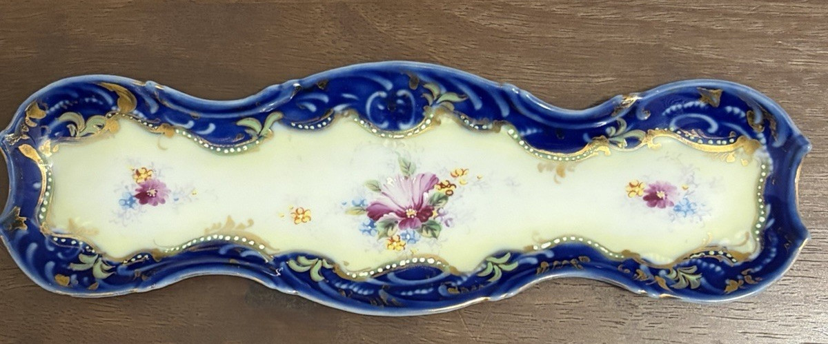 Antique Nippon Hand Painted Cobalt Blue Floral Relish Tray Gold 9″ C.1910’s