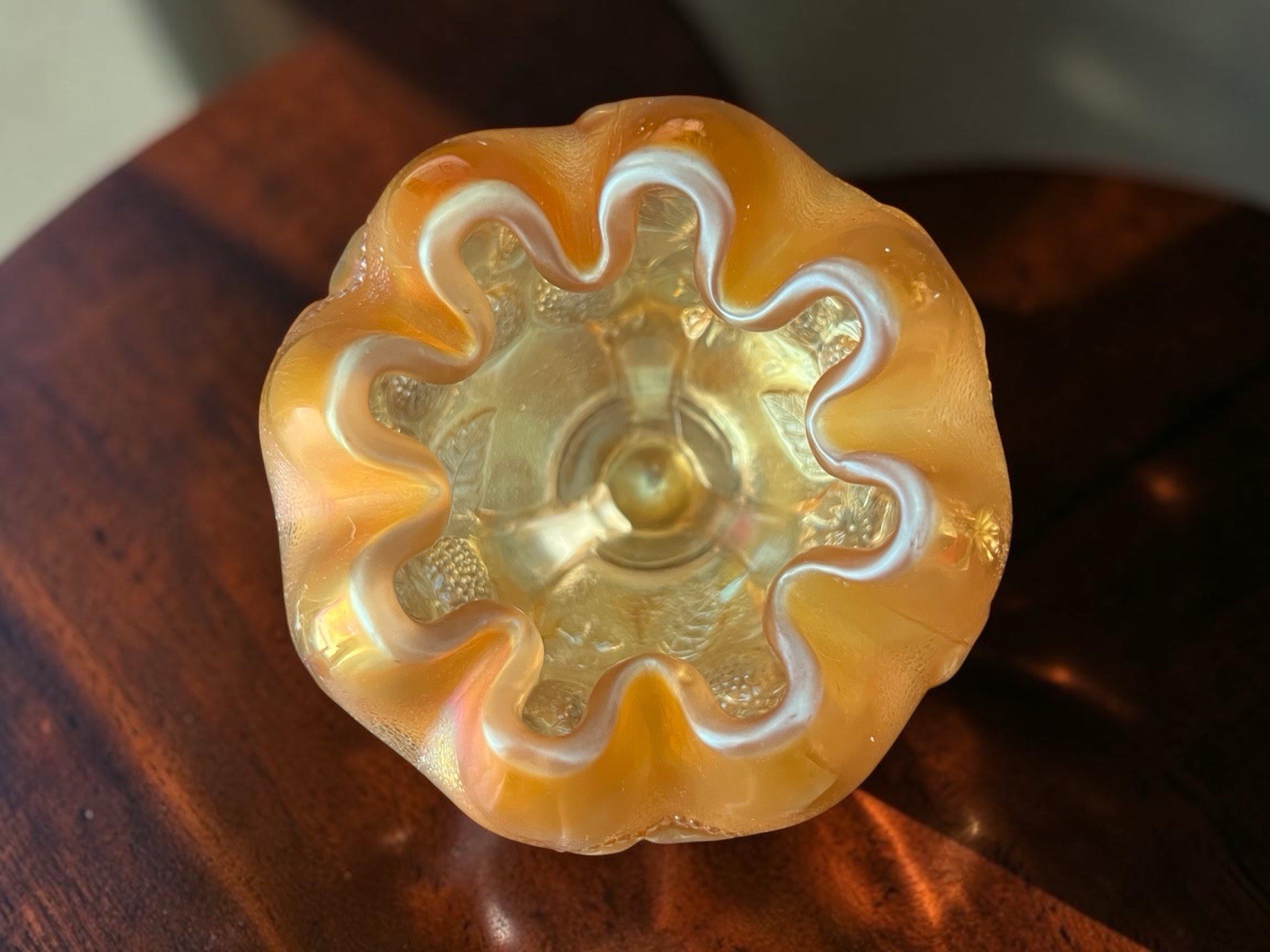 Vintage Northwood Daisy Plume Marigold Orange Carnival Glass Ruffled Rim Bowl