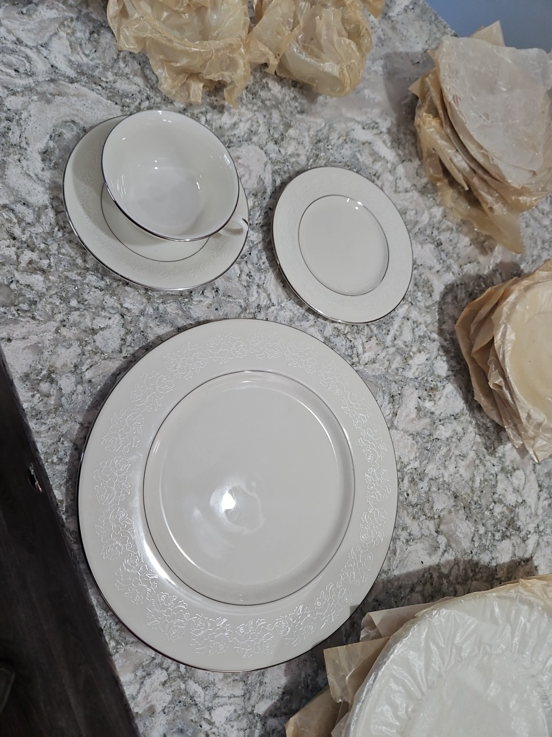 Cathedral Garland Rose Platinum Trim 6 Place Settings 24pc Total Unused 1960s