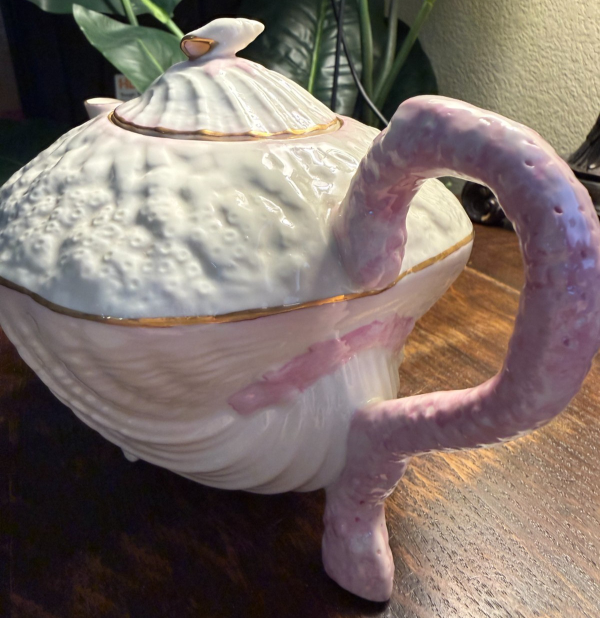 BELLEEK PINK NEPTUNE SEA SHELLS TEAPOT, SUGAR BOWL, CREAMER MINT CONDITION