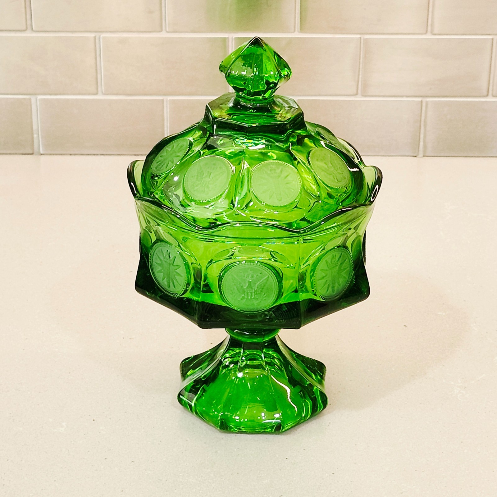 Vintage Fostoria Emerald Green Coin Glass 8.5” Tall Pedestal Covered Candy Dish