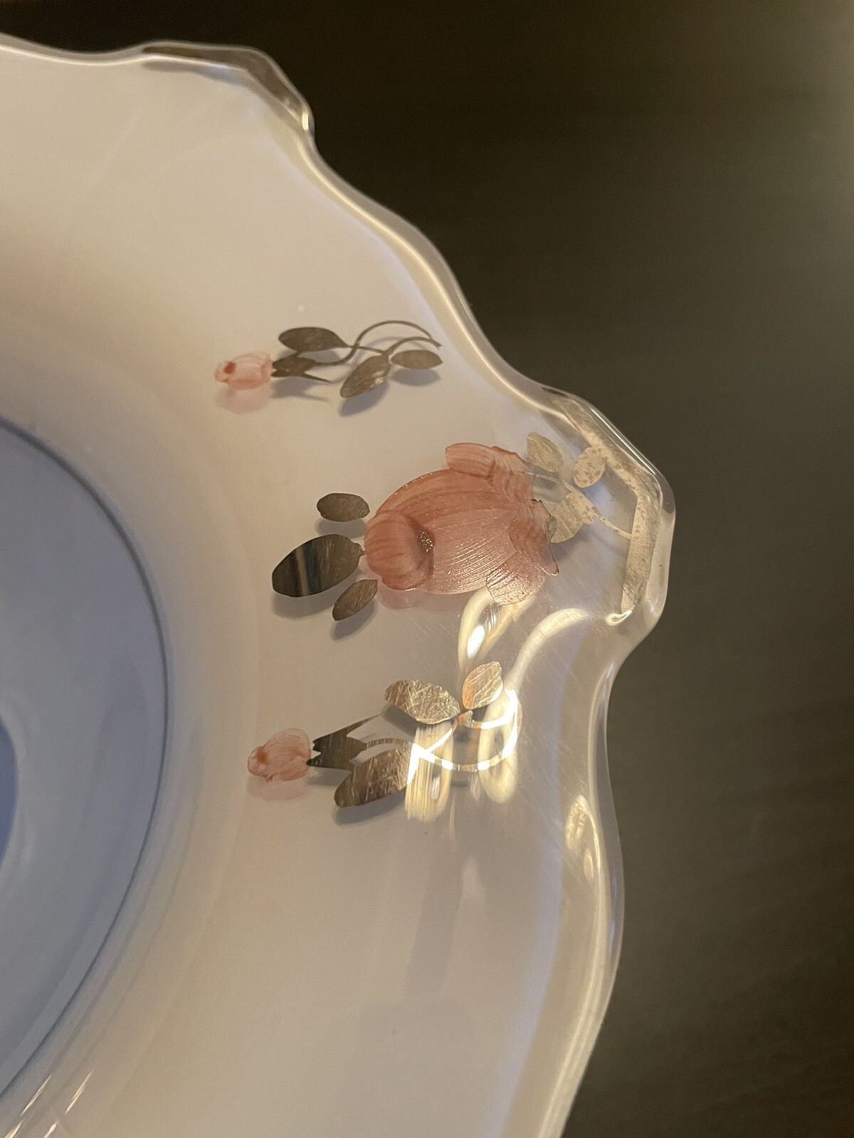 Baby Blue Art glass Bowl Pink Roses Platinum trim on Clear & White Glass