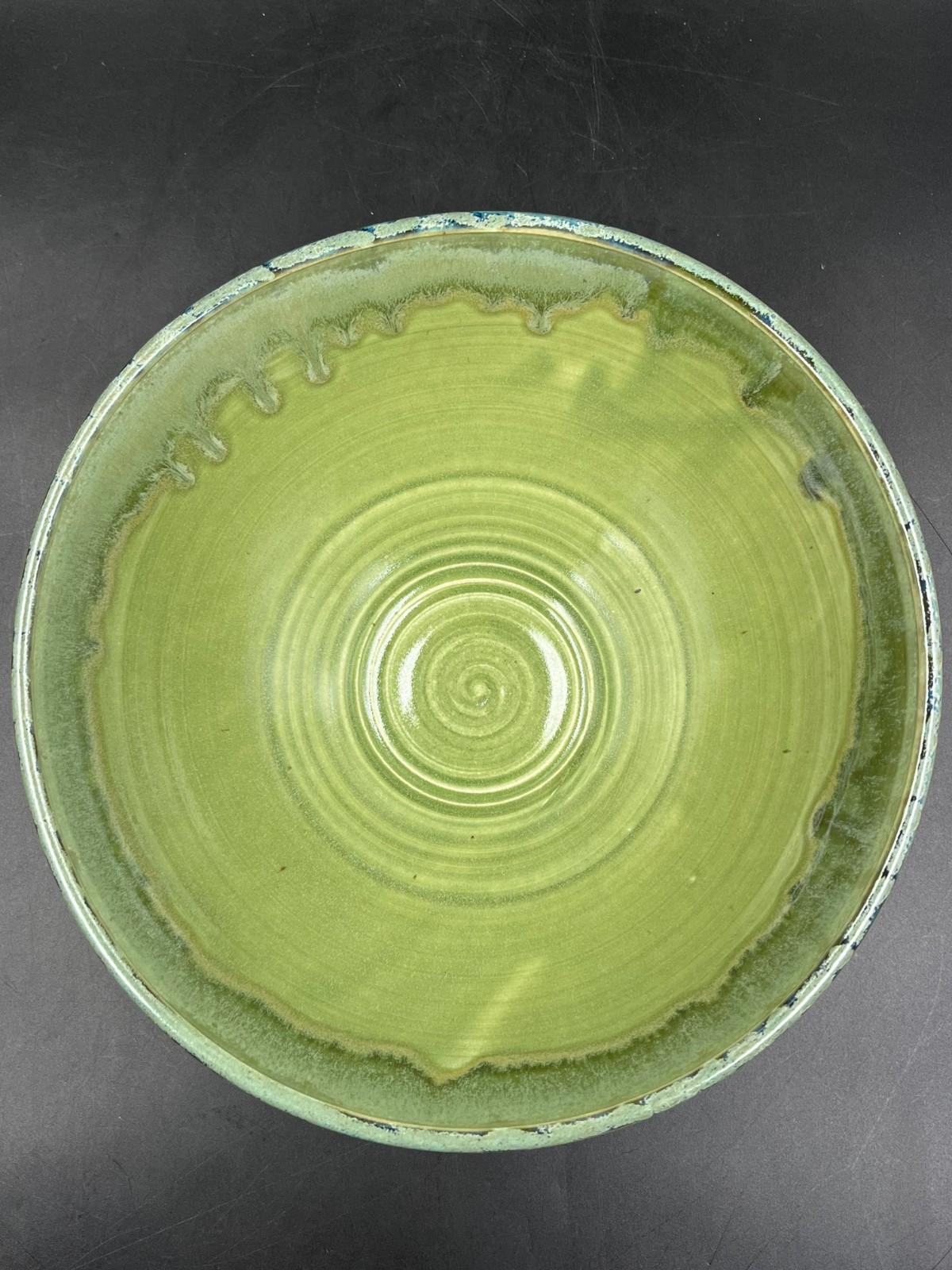 Green Drip Glazed Studio Pottery Pedestal Bowl Commemorating Four Seasons 50th