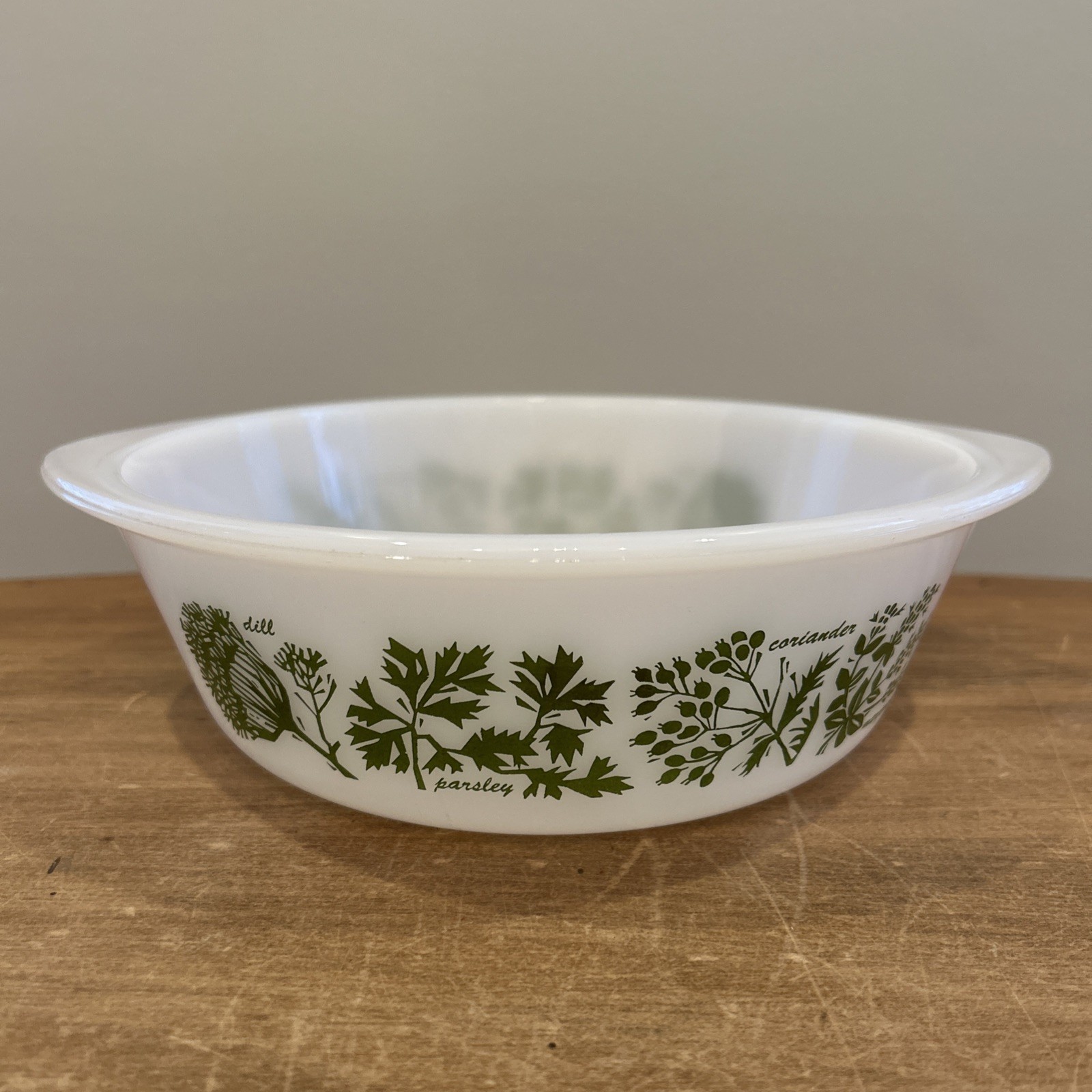 Vintage Glasbake Milk Glass 2 Qt Casserole Dish “Herb Garden” Print Green J514