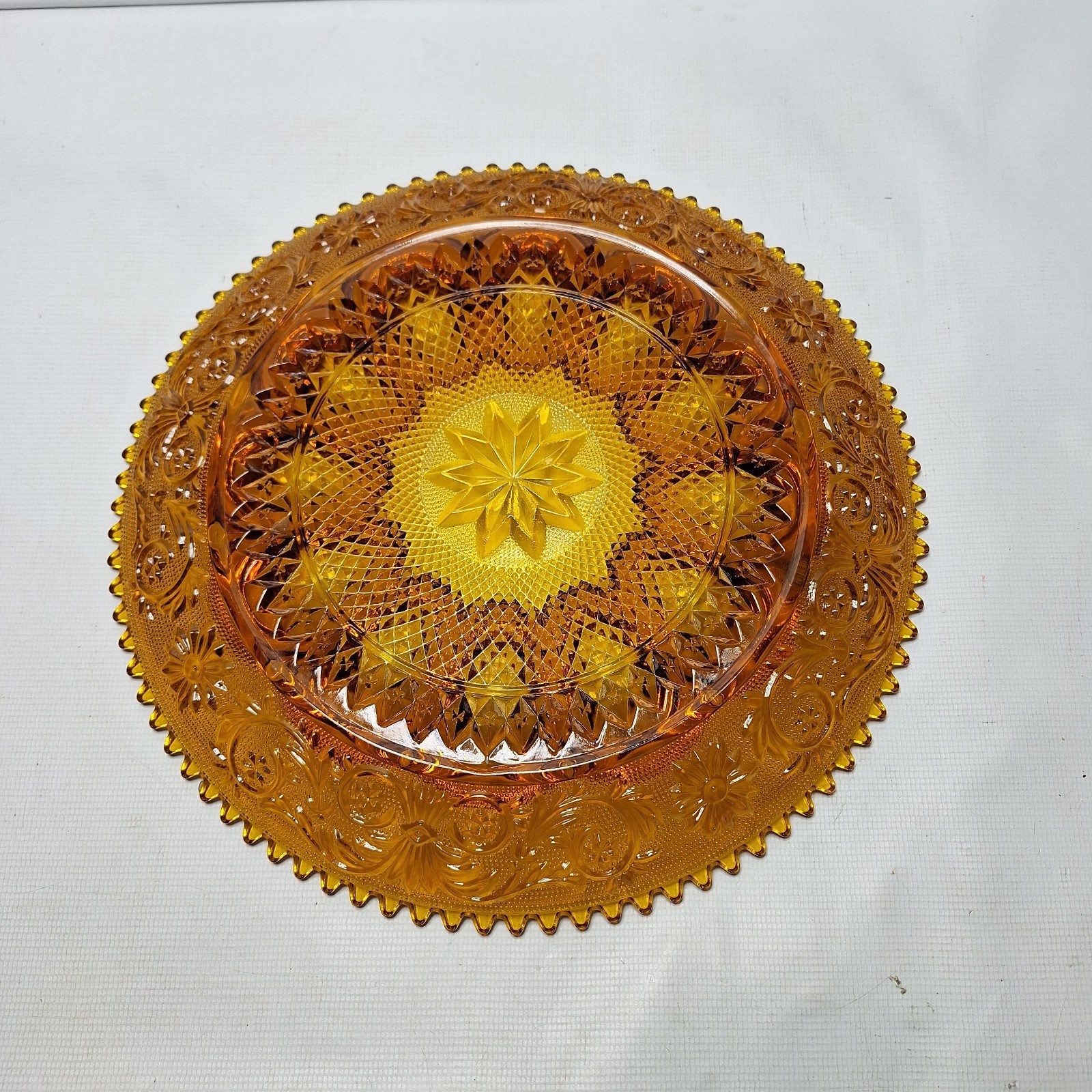 Amber Indiana Sandwich Sawtooth Edge Tiara Glass Devil Egg Plate Large 12″