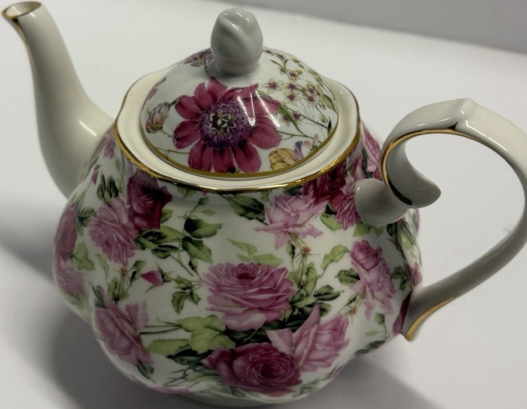 Porcelain Floral Teapot with Pink Roses Gold Trim Lid Glossy White Pink Green