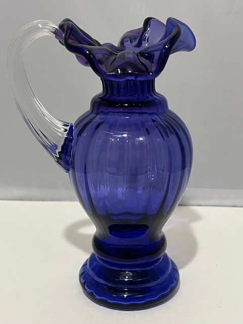 VTG 6″ Fenton Royal Blue Purple signed Small Pitcher Ruffled Edge-ridged Handle