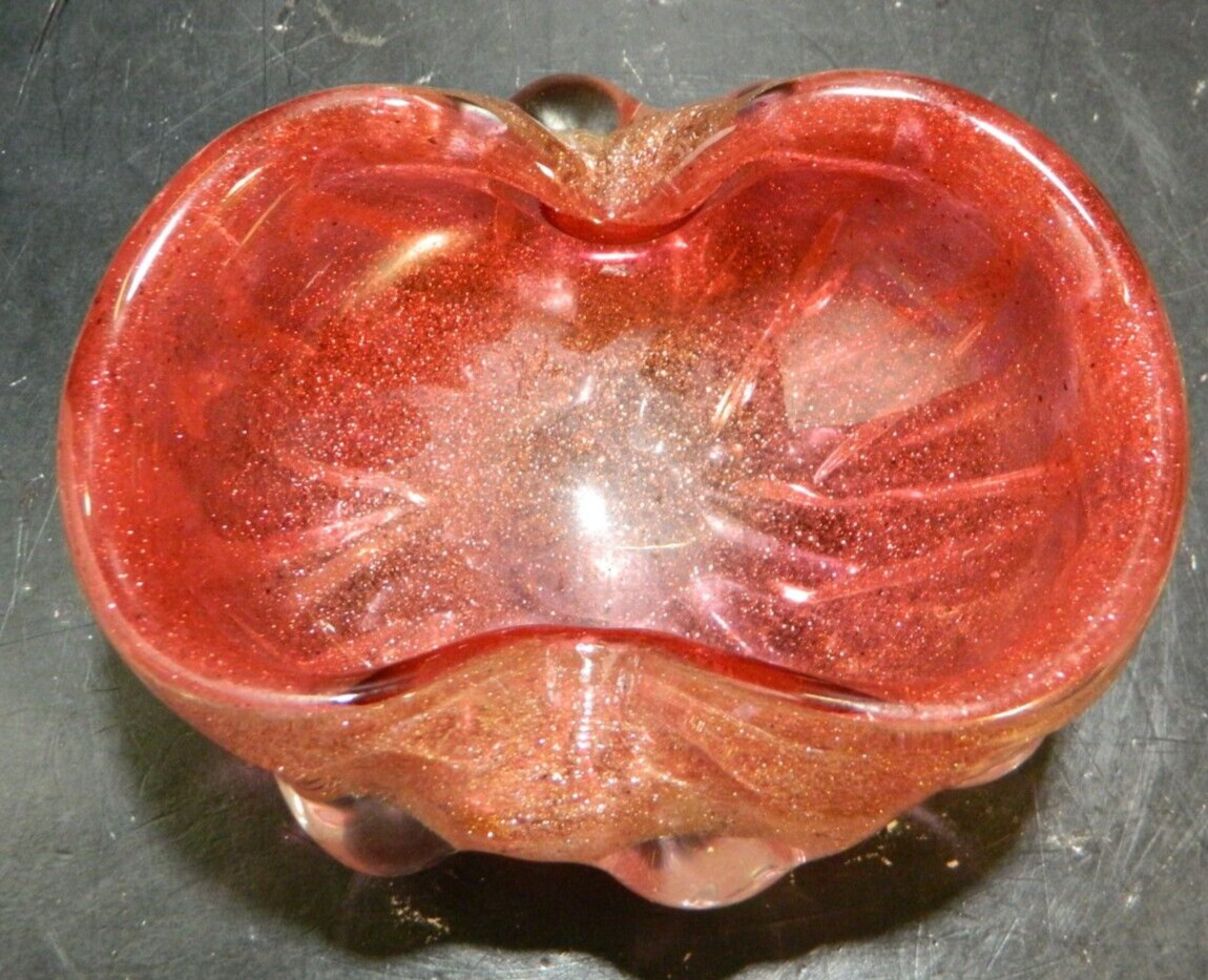 Murano Hand Blown Cranberry Art Glass Pinched Sides Bowl w/ Gold Dust 5.5″ Excel