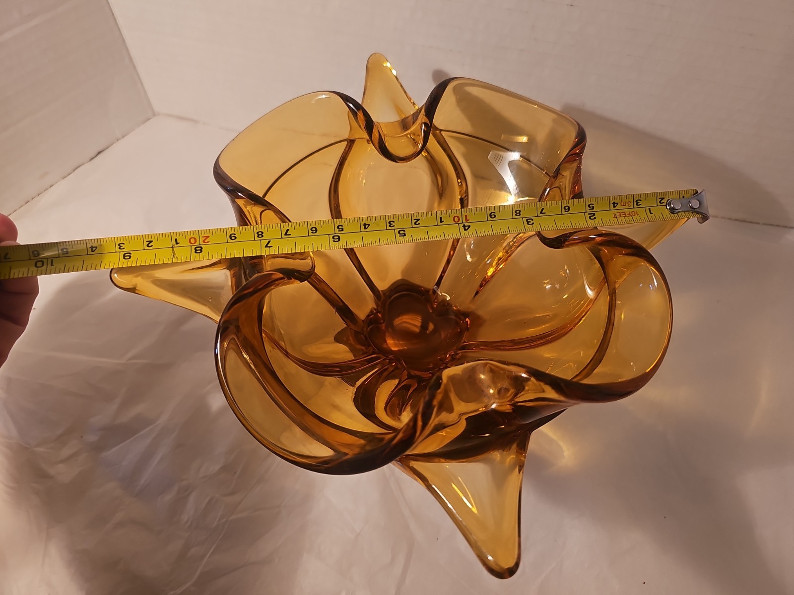 Viking Amber Chalet Four Point Ruffled Art Glass Bowl Dish Tray Vintage 9.25 In