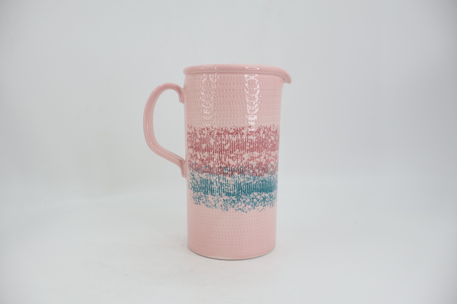 Baldelli Coriano Italy Hand Painted Ceramic Pitcher Pink Teal Stripe Textured