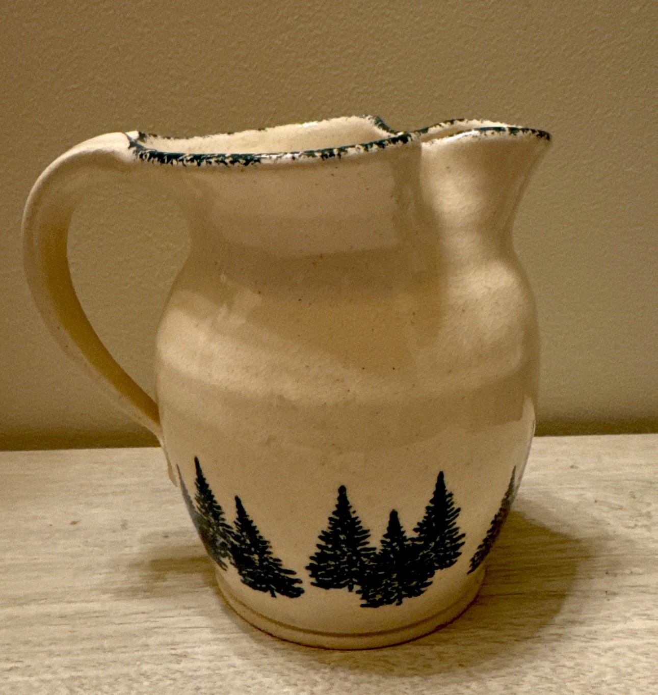 VTG 1992 Three Rivers Pottery Stoneware Pitcher – Hand-Thrown Pine Tree Motif