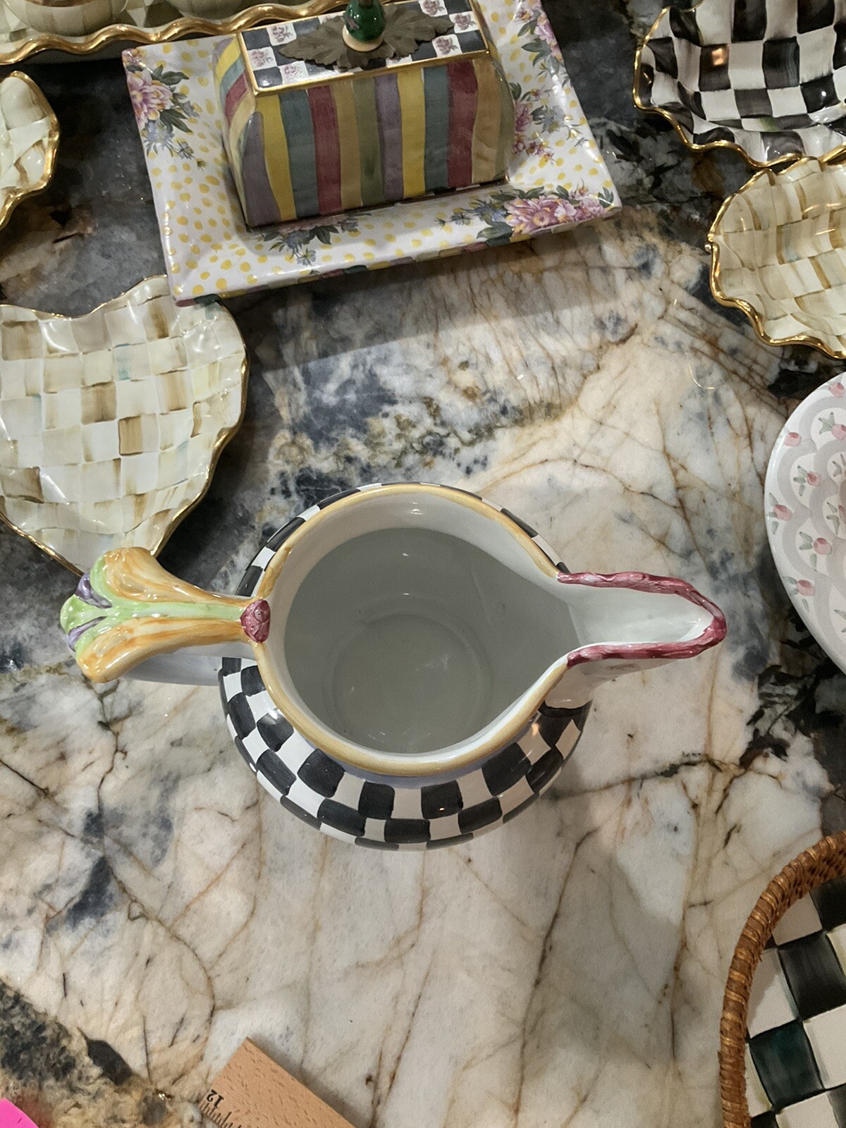 MacKenzie-Childs Piccadilly Chicken Ceramic Pitcher With Courtly Check
