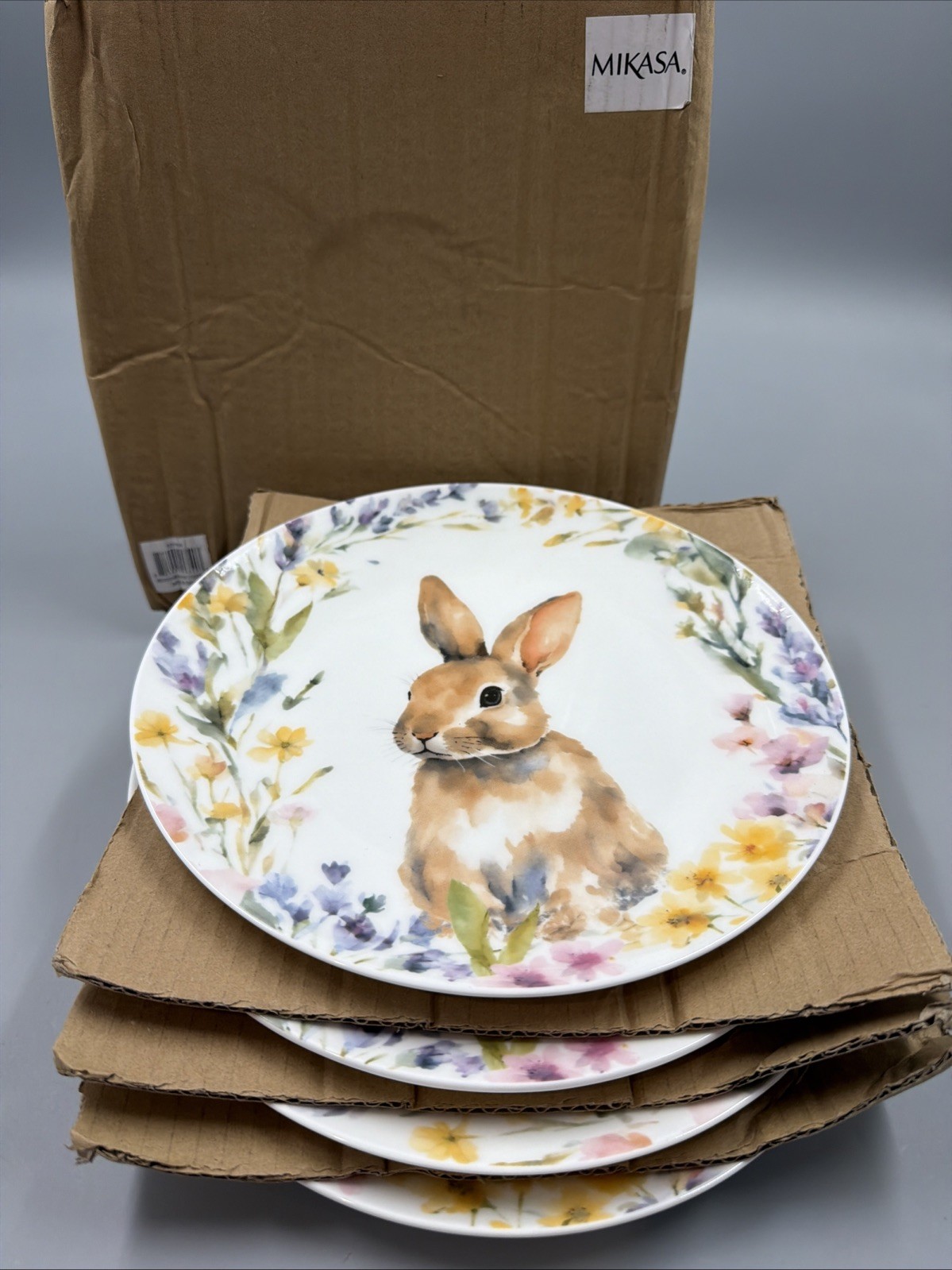 MIKASA Bunny Rabbit Easter Meadow BONE CHINA 9″ Salad Plates (SET OF 4) NEW