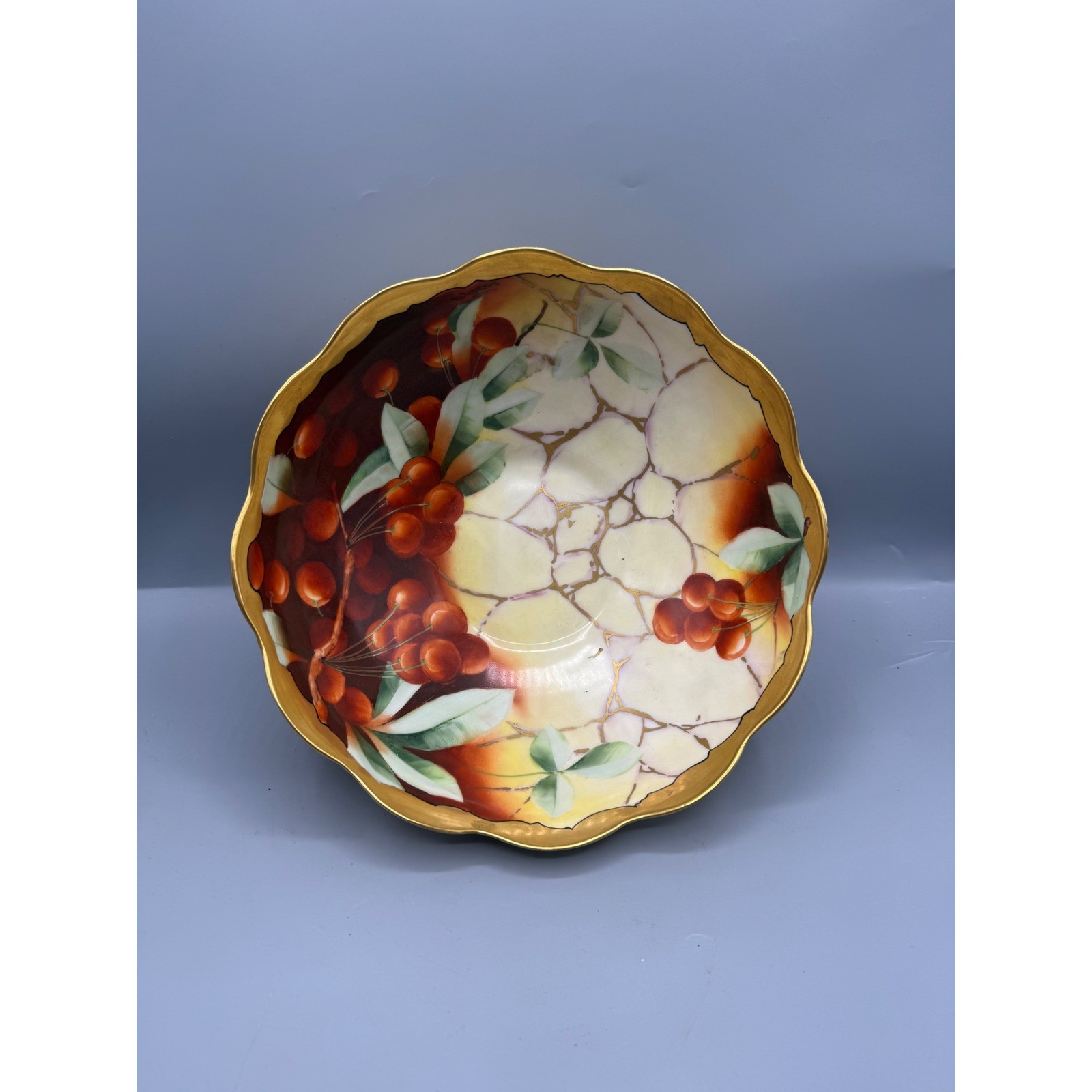 T&V Limoges France Antique Hand Painted Cherry Porcelain Bowl Artist Signed 9in