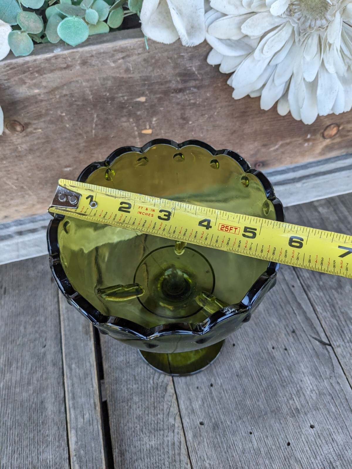 Vintage Indiana Glass Olive Green Teardrop 7.25″ Pedestal Compote