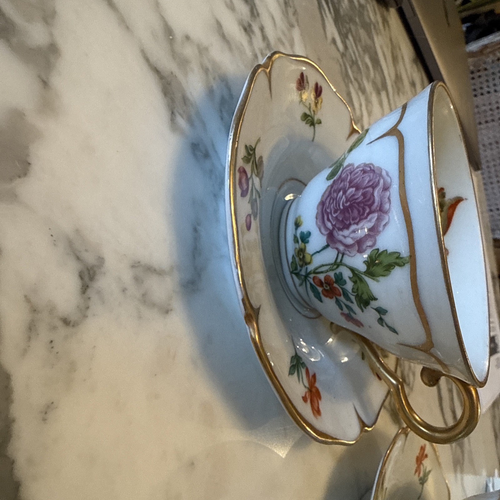 AJCO 2 Cups And 2 Saucers with gold trim flowers
