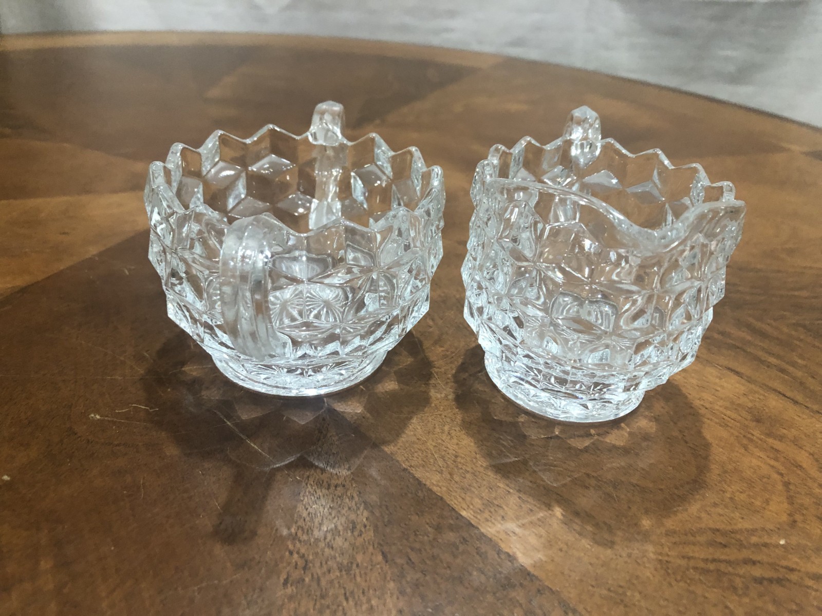 FOSTORIA CLEAR GLASS AMERICAN CUBIST PATTERN CREAMER, SUGAR BOWL AND TRAY SET