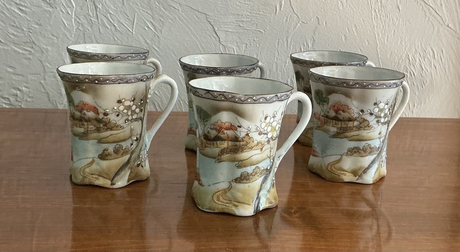 Antique Nippon Hand Painted Moriage Chocolate Pot Set 14 Torii Gate Mark 1905-15