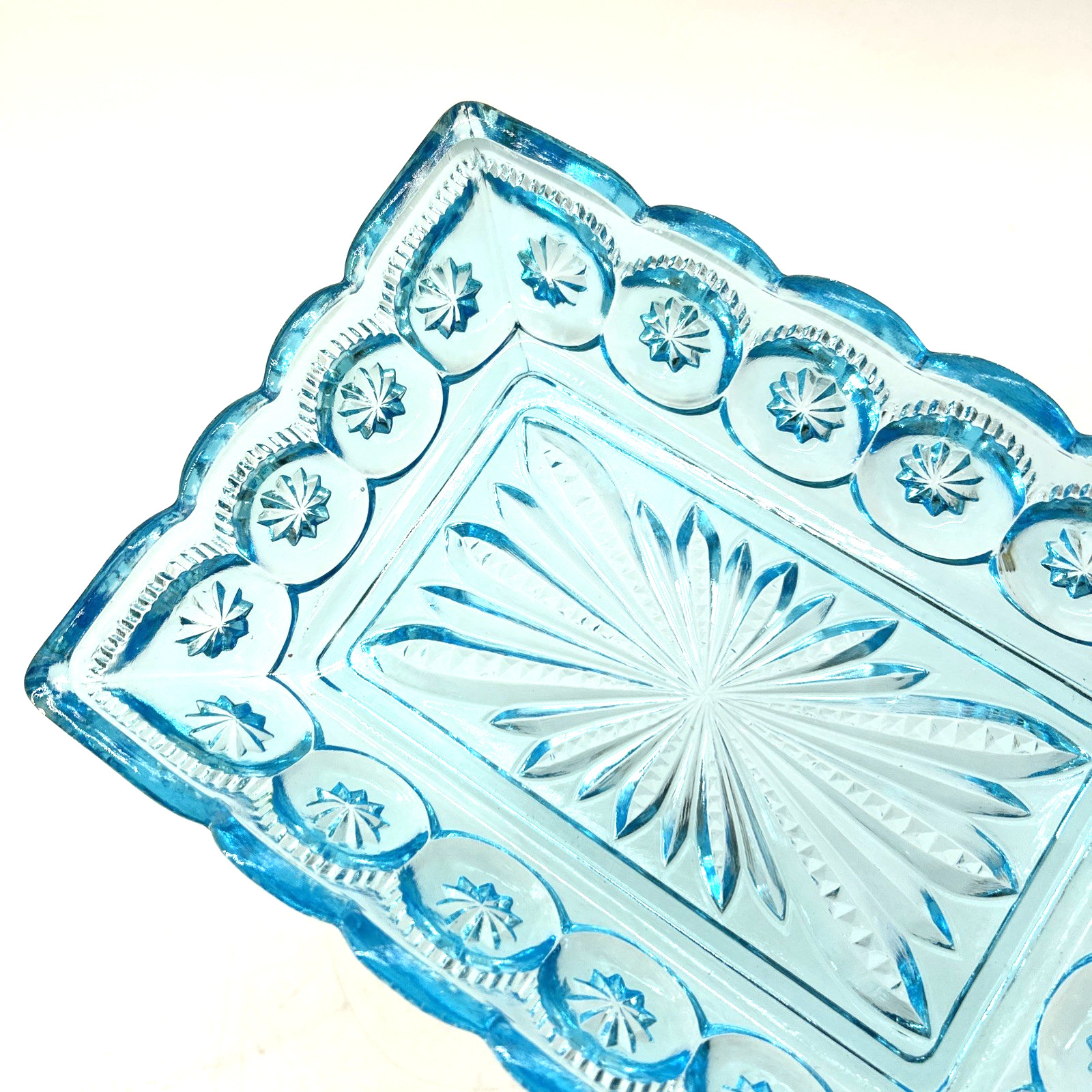 Aqua Blue Glass Moon & Stars Rectangular Relish Dish Tray 8”x5.5”