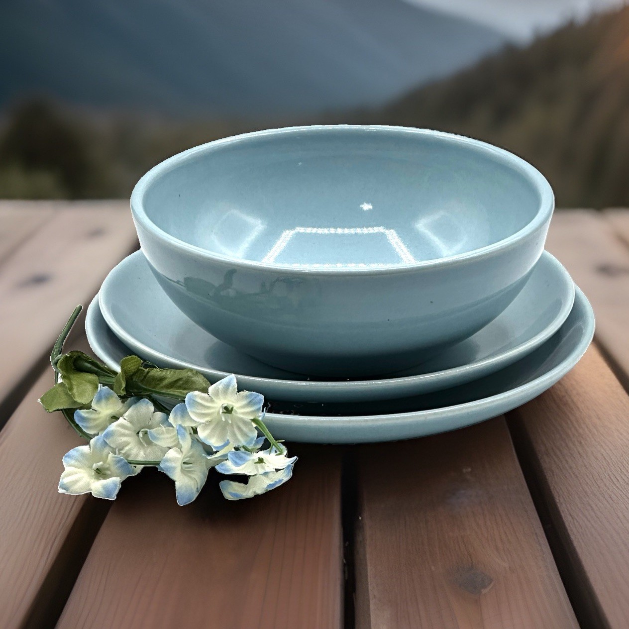 Iroquois Casual China Russel Wright Blue Cereal Bowl Saucer Bread Plate 3 Pieces