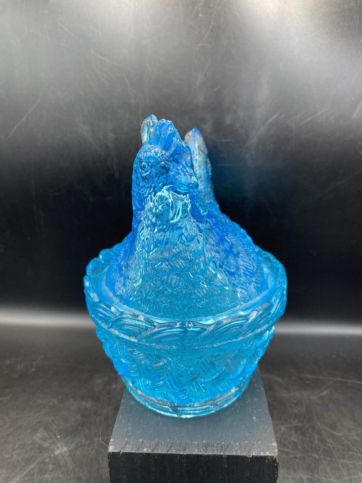 Blue Transparent Glass Hen On Nest Candy Dish