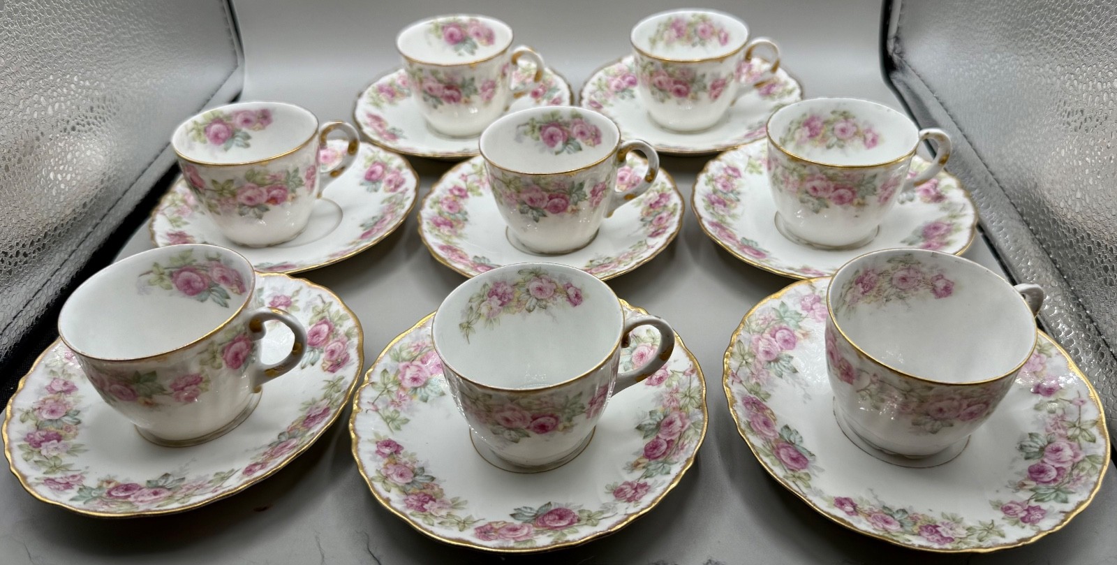 ANTIQUE LIMOGES DEMITASSE SET CUP SAUCER 16PC PINK ROSE FLOWER GARLAND FRANCE
